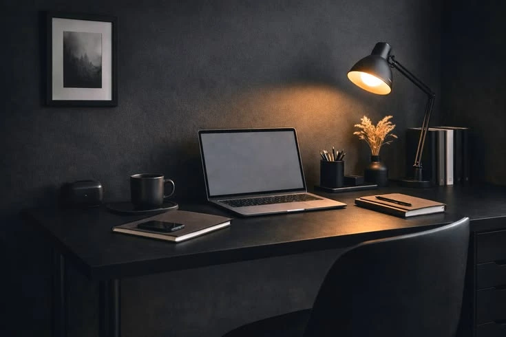 A sleek digital marketing course set up on a dark, minimalist desk featuring a laptop and notebook, with options to explore varying digital marketing course cost structures.