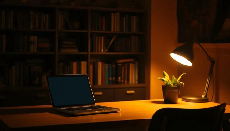 A close-up shot of a sleek laptop with a blank dark screen sitting on a wooden desk, representing the workspace of a digital marketing freelancer in Malappuram. In the background, a bookshelf, a potted plant, and a glowing table lamp create a productive late-night atmosphere.