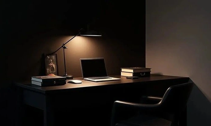 "A dark study desk featuring an open laptop, desk lamp, and books. This moody image creates a setting that can relate to digital marketing. It represents the dedication and focused work often needed to earn a high digital marketing salary in Kerala."
